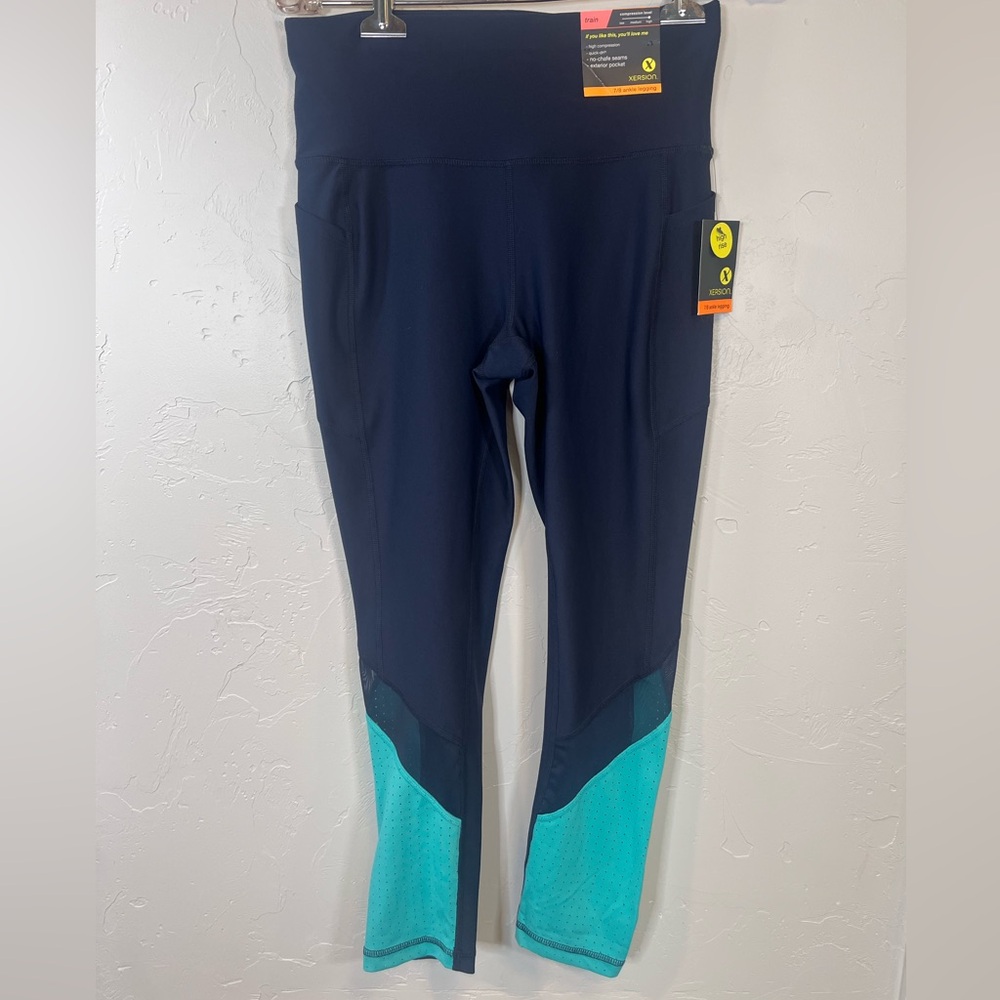 NWT Xersion High-Rise Navy Leggings Medium Cutouts & Sheer Accents Ankle Length